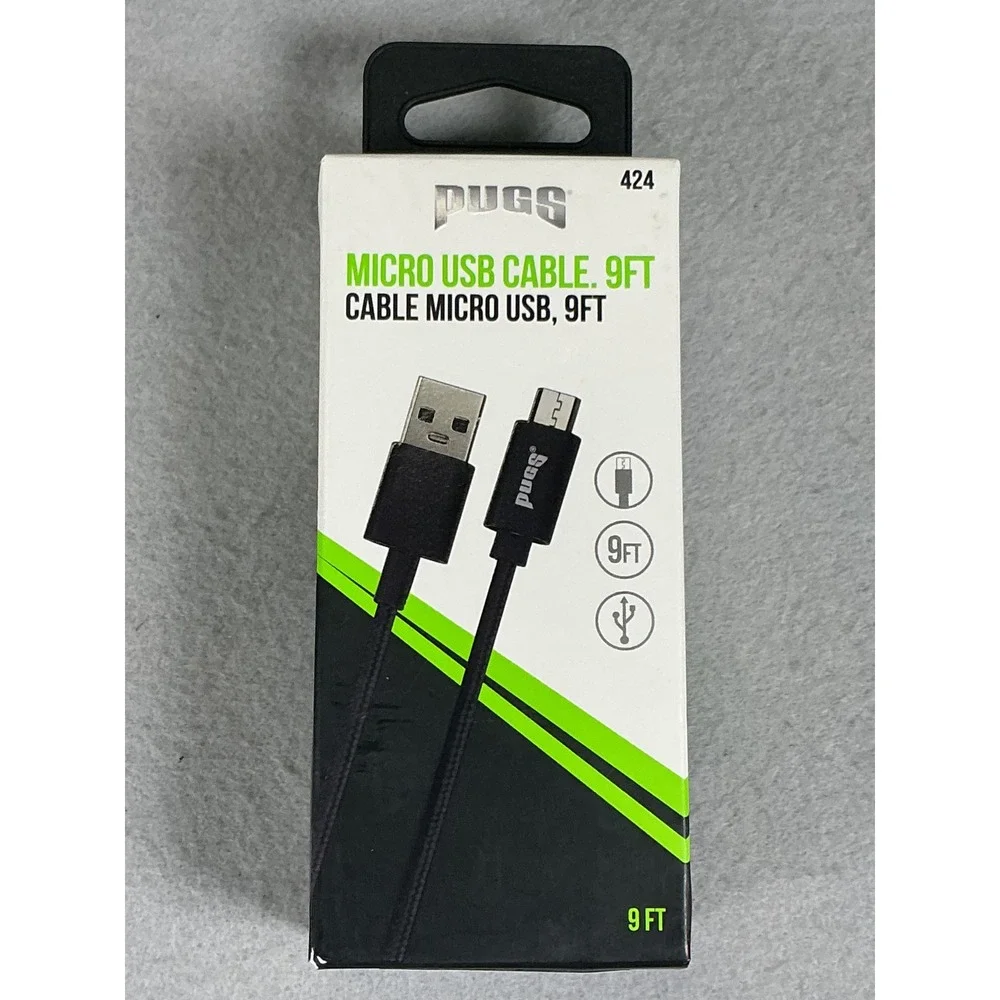 Pugs Micro USB Cable 9ft Black Extra Long Charging Sync Cable New